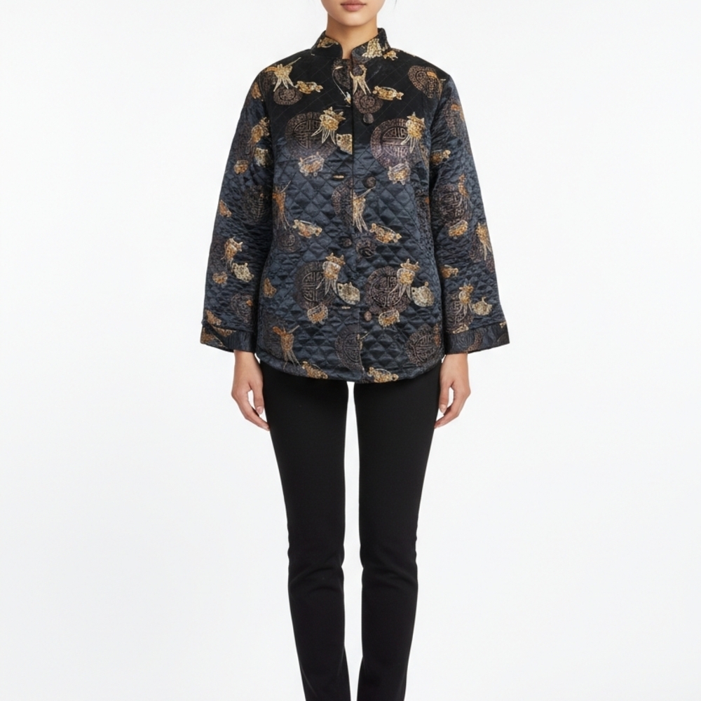 En Vogue Silk Blend Quilted Jacket Asian Inspired Embroidered Black Gold Size M